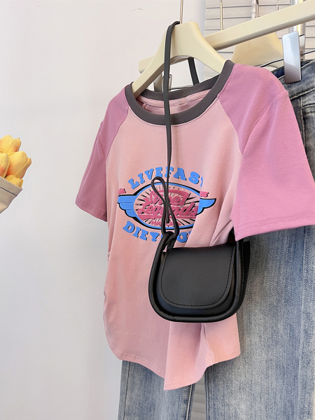 RM18052#粉色插肩袖t恤女夏季设计感小众别致修身体恤短款正肩短袖上衣...
