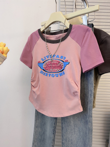 RM18052#粉色插肩袖t恤女夏季设计感小众别致修身体恤短款正肩短袖上衣潮