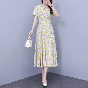 RM16476#夏季新款印花碎花连衣裙大码胖mm收腰显瘦遮肚长裙女