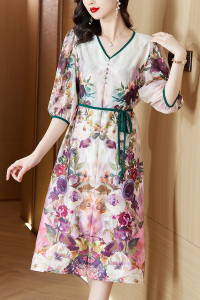 RM19595#母亲节妈妈夏装真丝连衣裙2023新款高贵优雅气质裙贵夫人桑蚕丝裙