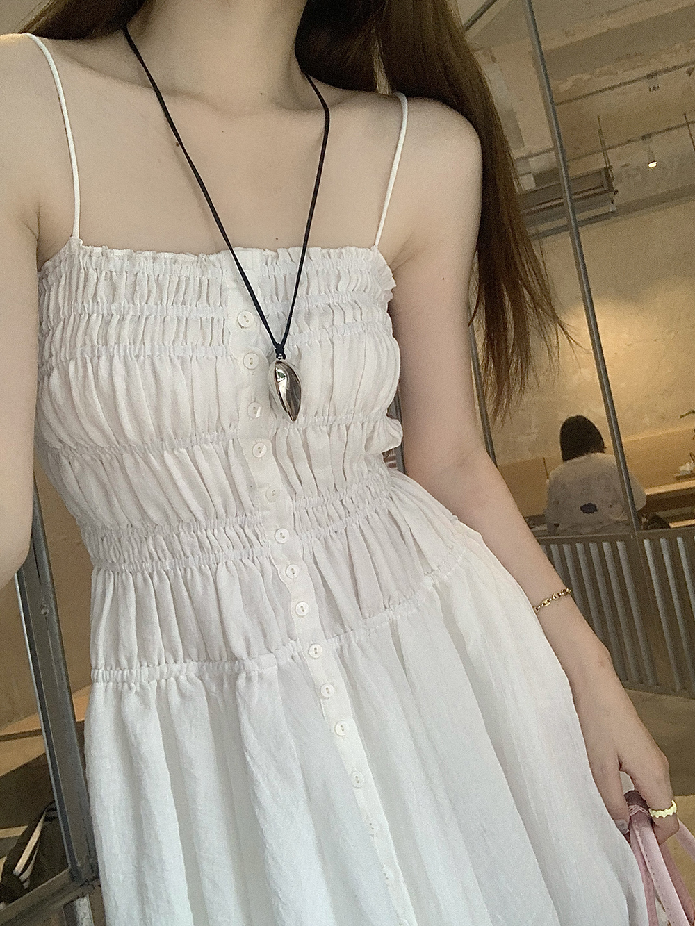 Real price real shot small design pleated mid-length sweet suspender dress