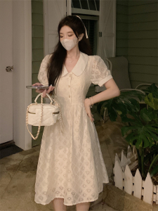 RM15189#蕾丝立体提花白色连衣裙女夏季短袖韩版中长款小仙女裙子女