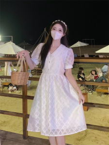 RM15189#蕾丝立体提花白色连衣裙女夏季短袖韩版中长款小仙女裙子女