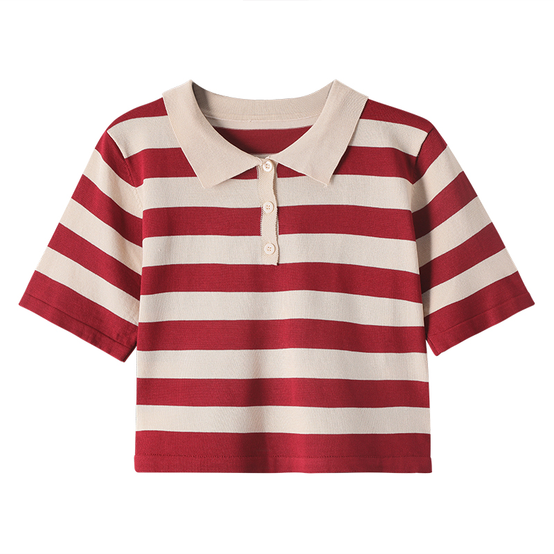 Front shoulder short-sleeved short top design sense polo collar American retro striped t-shirt women's summer clothing 2023 new trend