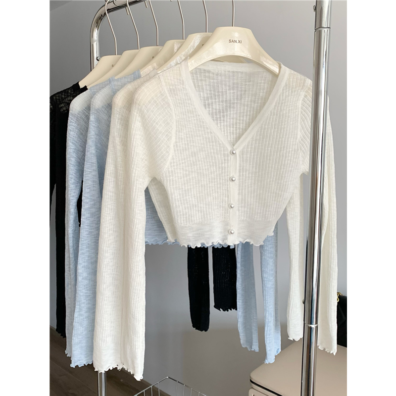 White ice silk knitted sunscreen cardigan women's thin section shawl summer with suspender dress with small vest shoulder blouse