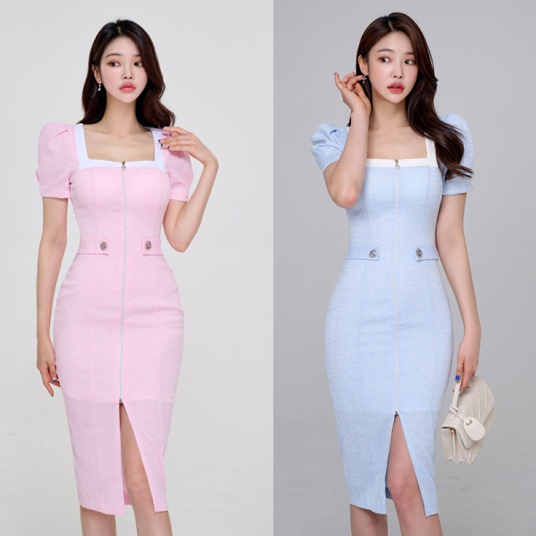 RM15078#夏季新款韩版方领泡泡袖前开叉拉链气质修身中长款包臀连衣裙