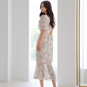 RM15079#夏季新款韩版蕾丝印花荷叶边中长款泡泡袖气质修身包臀连衣裙
