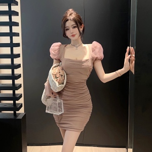 Mesh Bubble Sleeves Sexy Slim Spicy Girl Dress