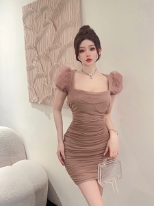 Mesh Bubble Sleeves Sexy Slim Spicy Girl Dress