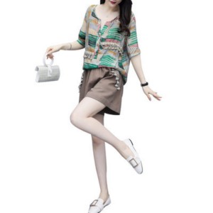 RM14663#新款女装夏大码两件套裤印花上衣棉麻短裤休闲时尚套装女洋气