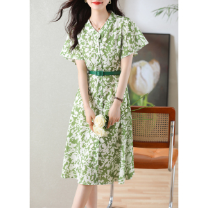 RM15043#印花夏减龄亮色2023轻薄透气收腰裙子气质优雅绿色碎花连衣裙女装