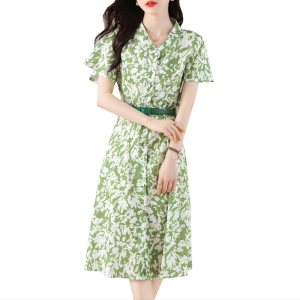 RM15043#印花夏减龄亮色2023轻薄透气收腰裙子气质优雅绿色碎花连衣裙女装