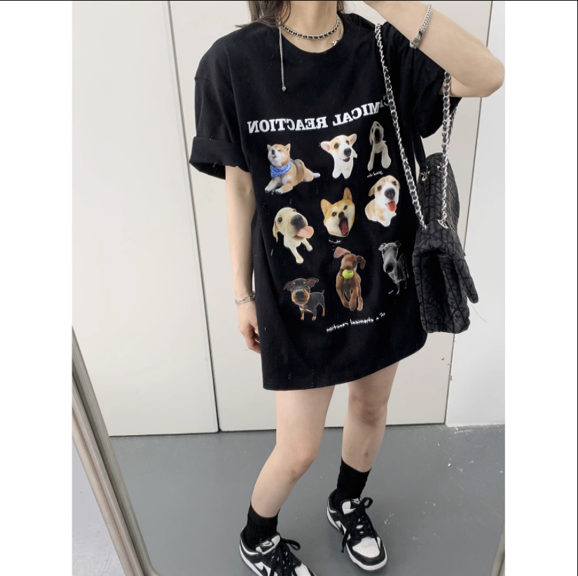 Pure cotton 200g bag collar American style casual design couple t-shirt loose dog print collection short-sleeved women