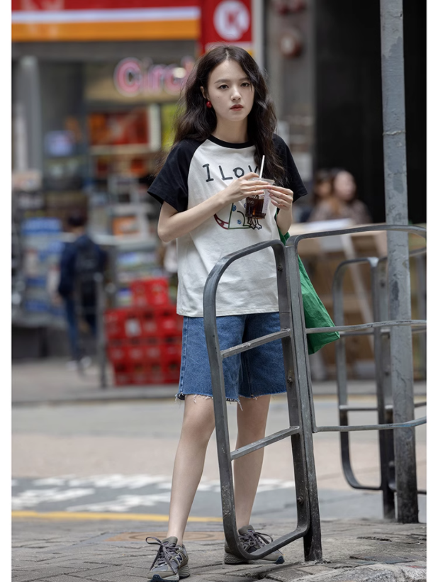 Pure cotton 200g wrap collar short-sleeved t-shirt women's summer loose oversize college style casual all-match top