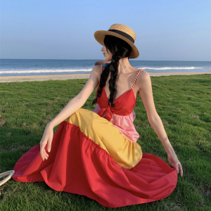 TR47059# 波西米亚拼色吊带式连衣裙泰国海边度假沙滩裙三亚旅游拍照蛋糕裙  服装批发女装批发服饰货源