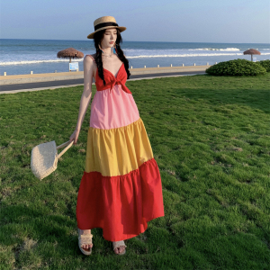 TR47059# 波西米亚拼色吊带式连衣裙泰国海边度假沙滩裙三亚旅游拍照蛋糕裙  服装批发女装批发服饰货源
