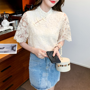 RM20507#夏季新款中式改良盘扣上衣蕾丝衫短袖气质小衫衬衫仙女