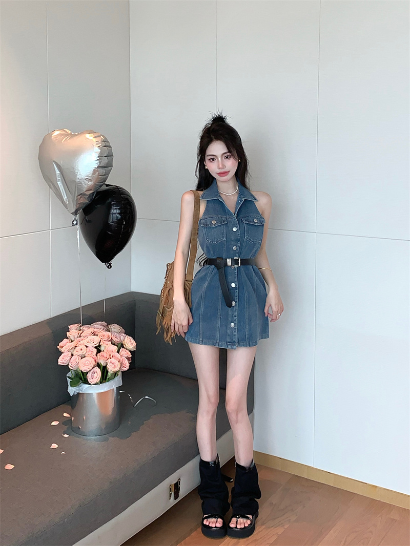Real price Loose age-reducing wash retro blue lapel single-breasted one-piece shorts with belt denim short