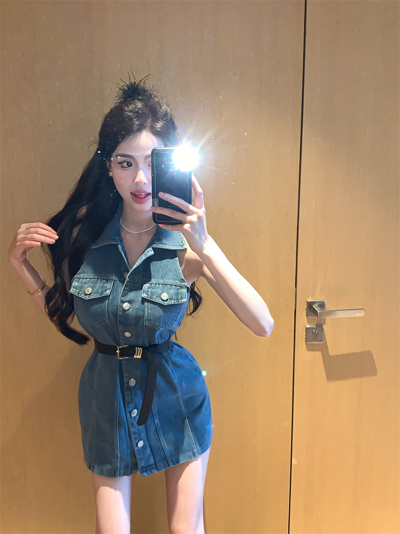 Real price Loose age-reducing wash retro blue lapel single-breasted one-piece shorts with belt denim short