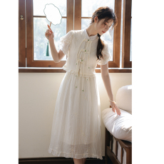 批发实拍新中式国风套装连衣裙女白色盘扣衬衫半身裙两件套夏季连衣裙