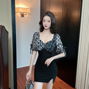 Sexy Leopard Print Contrast Short Sleeve Hip Wrap Dress