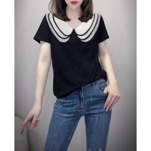 RM14673#韩版娃娃领高级感黑色修身百搭短袖薄T恤女欧洲站2023年夏季新款