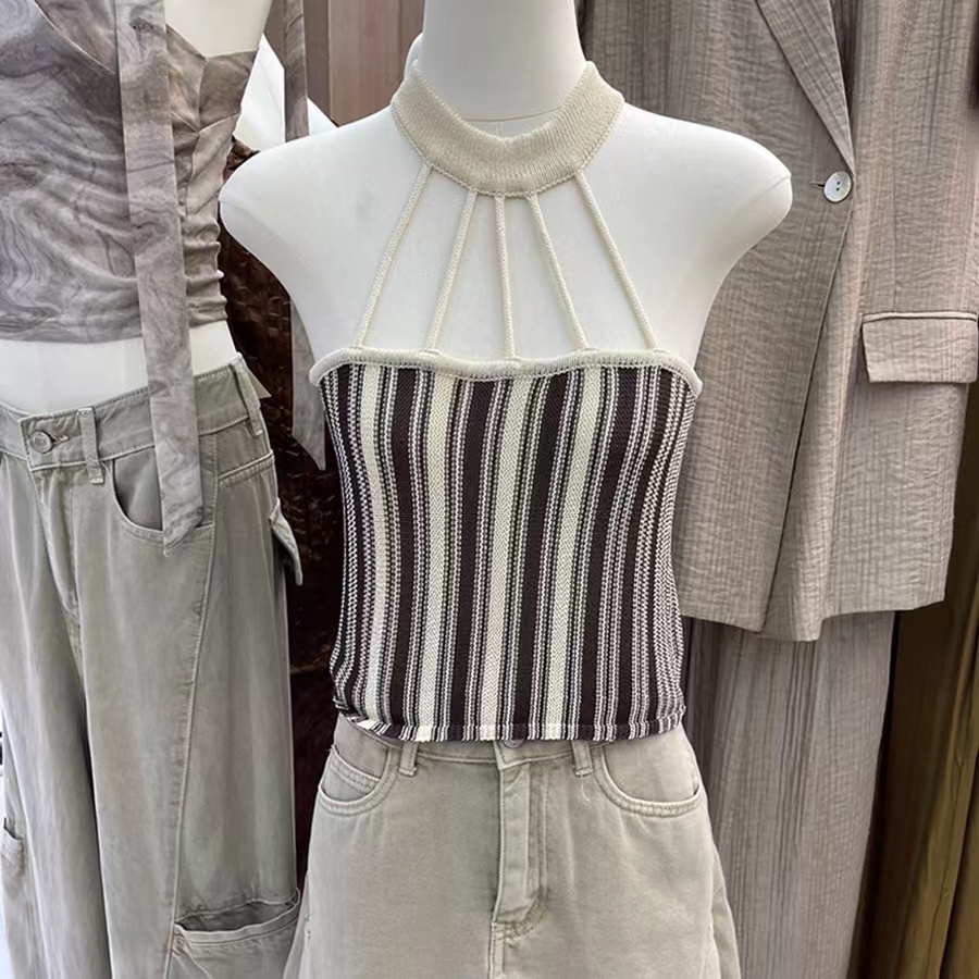 Vertical striped knitted vest women's summer  new design sense short hot girl top