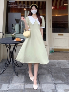 RM15190#法式娃娃领连衣裙女夏季新款收腰显瘦中长款短袖茶歇裙子