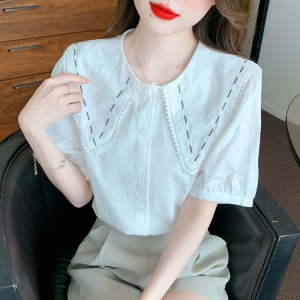 TR34734# 夏季新款韩版设计感小众学院风减龄刺绣娃娃领短袖衬衫
