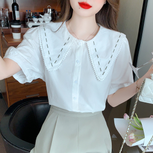 TR34734# 夏季新款韩版设计感小众学院风减龄刺绣娃娃领短袖衬衫