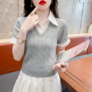 RM22117#学院风假两件衬衫针织衫女2023夏季新款小众韩版显瘦套头短袖上衣