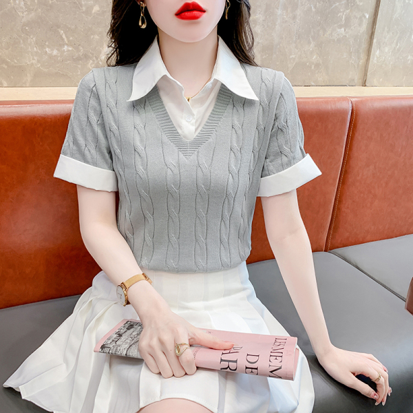 RM22117#学院风假两件衬衫针织衫女2023夏季新款小众韩版显瘦套头短...