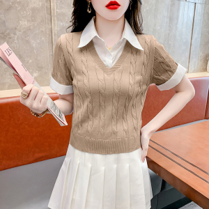 RM22117#学院风假两件衬衫针织衫女2023夏季新款小众韩版显瘦套头短袖上衣