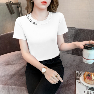 RM15351#夏新款钉珠修身性感简约圆领紧身短袖t恤女