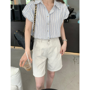 RM18366#短袖条纹衬衫女2023夏新款设计感韩版衬衣ins风小个子上衣