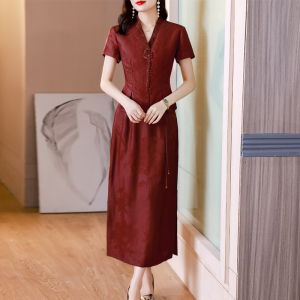 RM16843#香云纱高端品牌套装红云纱喜婆婆婚宴装真丝V领两件套