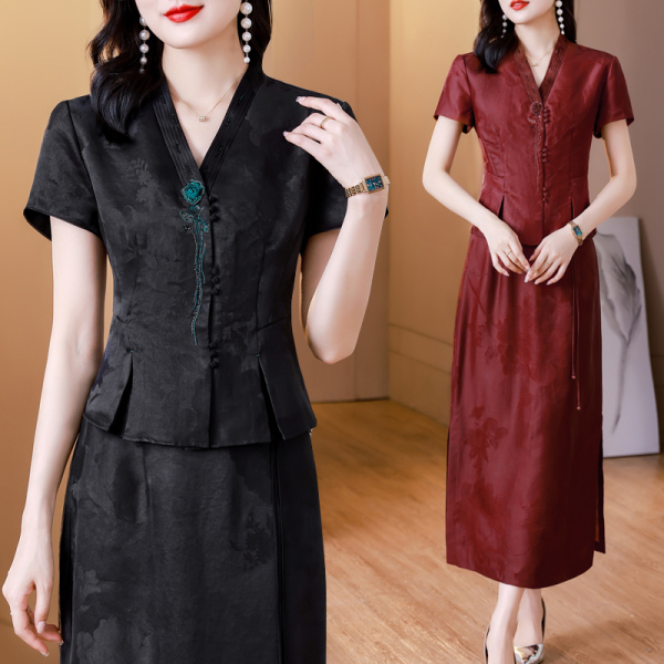 RM16843#香云纱高端品牌套装红云纱喜婆婆婚宴装真丝V领两件套