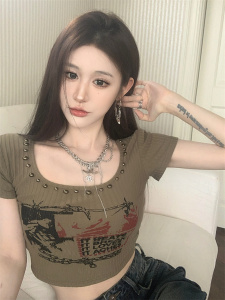 RM14766#夏季新款辣妹U领设计感修身收腰显瘦短款上衣女