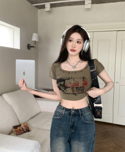 RM14766#夏季新款辣妹U领设计感修身收腰显瘦短款上衣女