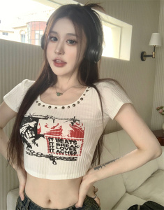 RM14766#夏季新款辣妹U领设计感修身收腰显瘦短款上衣女