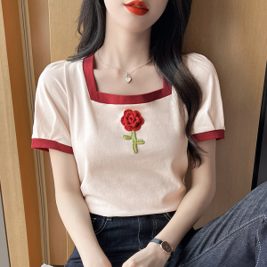 TR43588# 朗姆红茶白色T恤女夏新款短袖方领小众设计感上衣服装批发女装批发服饰货源