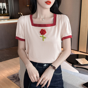TR43588# 朗姆红茶白色T恤女夏新款短袖方领小众设计感上衣服装批发女装批发服饰货源