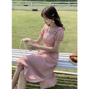 RM16168#夏款韩版女装荷叶领纯色法式紫色短袖中长款连衣裙