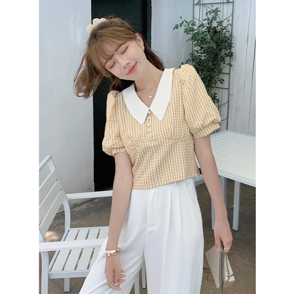 RM19328#夏季复古韩版女装泡泡袖收腰短袖格子收腰上衣衬衫