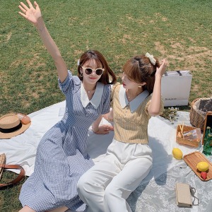 RM19328#夏季复古韩版女装泡泡袖收腰短袖格子收腰上衣衬衫