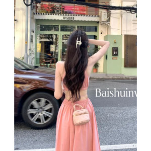 RM14689#白水女 桃玫玫~春夏超显瘦连衣裙 挂脖无袖粉色裙子