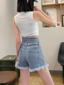TR34748# 牛仔短裤女夏季薄款新款高腰显瘦小个子a字毛边短热裤