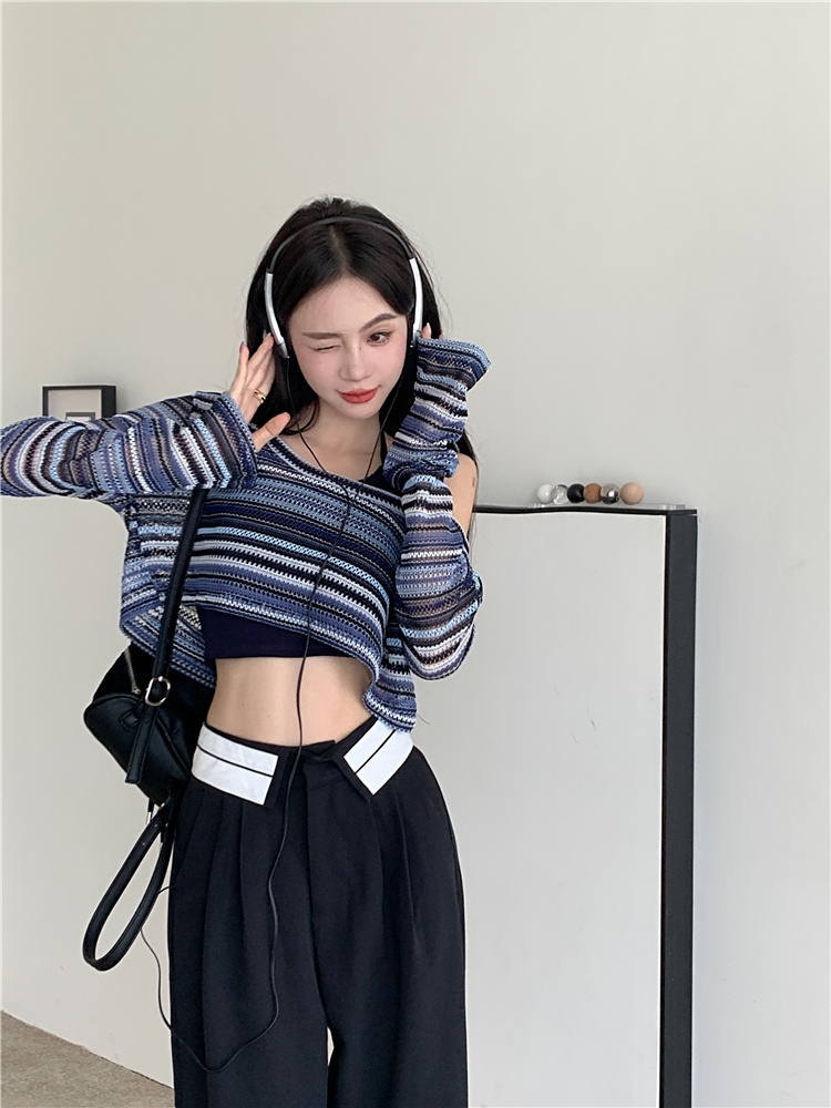 Hollow thin striped sunscreen shirt women's early autumn short loose long-sleeved blouse top two-piece set
