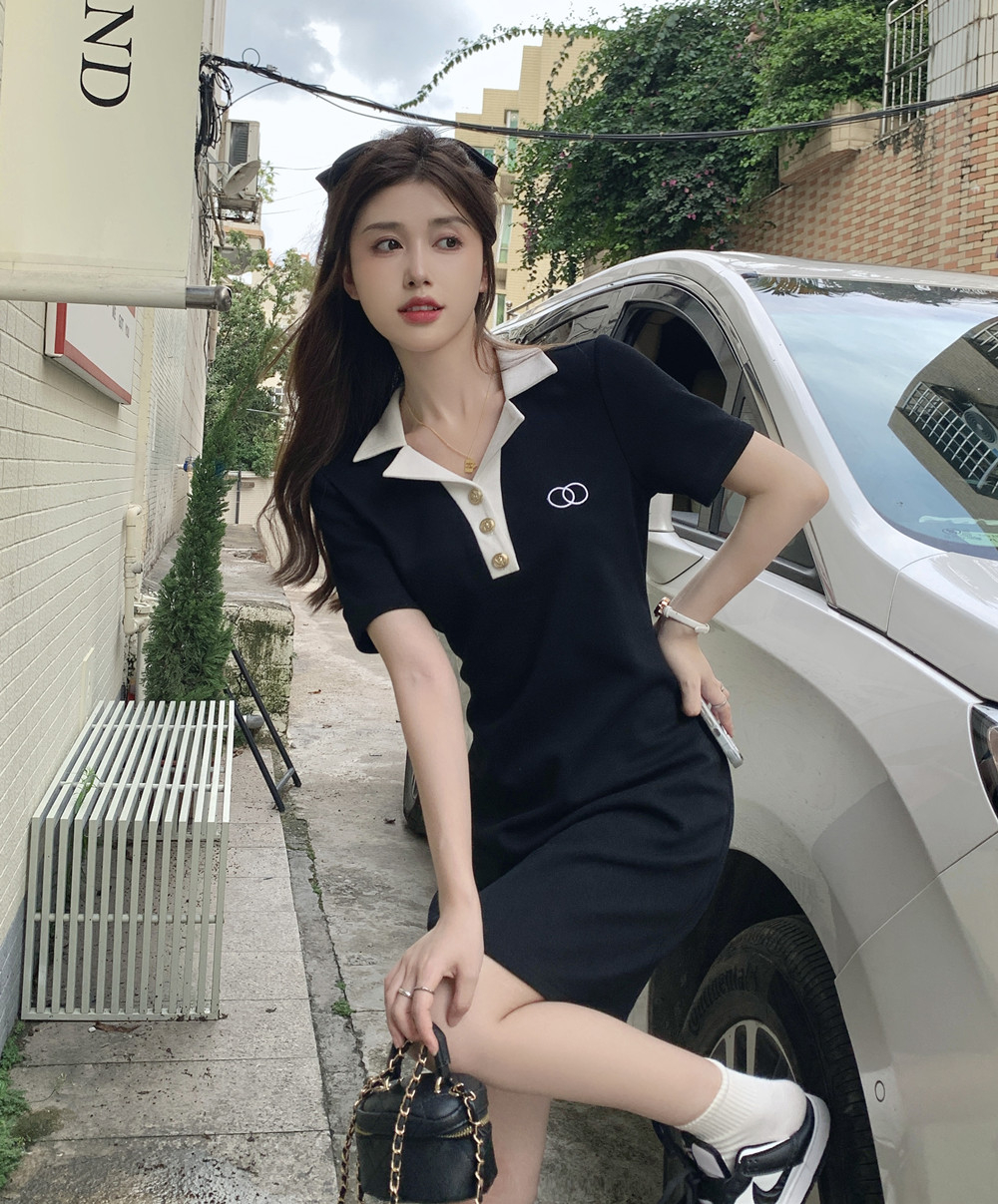 Fashion super hot college style polo lapel dress female summer Korean version loose casual all-match thin dress