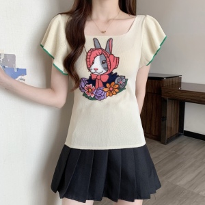 RM16669#重工兔子刺绣方领T恤衫女夏季新款设计感小飞袖绑带针织上衣
